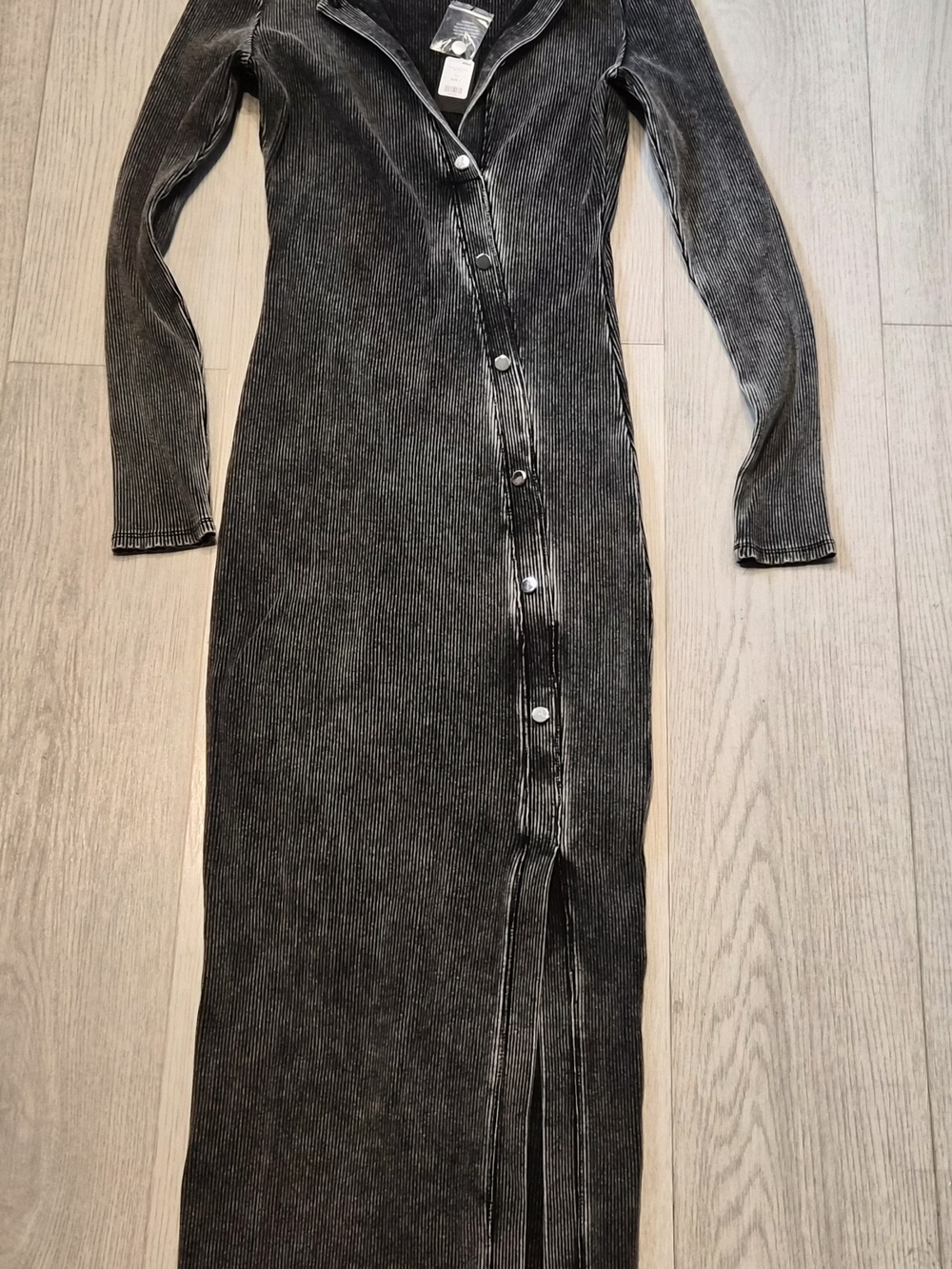 Fashion Nova Black Washed Ribbed Button-Front Maxi Dress